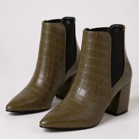 The Valentina Croc Embossed Block Heel Ankle Boots - Picture 1 of 14